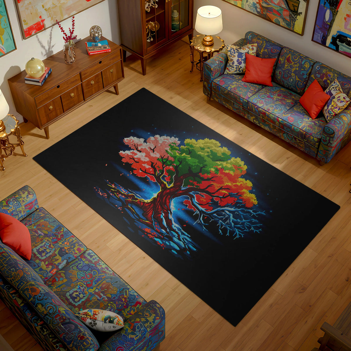 Living room with a colorful tree rug on a wooden floor