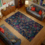 Living room with a colorful patterned rug and patterned sofa