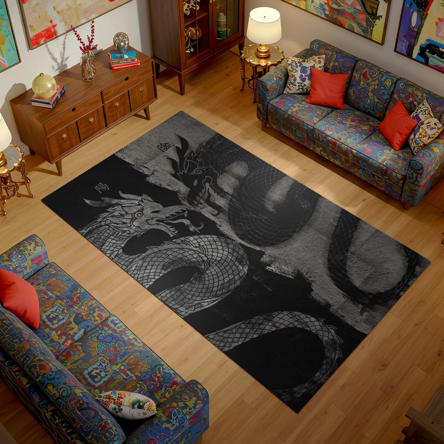 Black Dragon Rug – Japanese Tattoo Style Monochrome Area Carpet