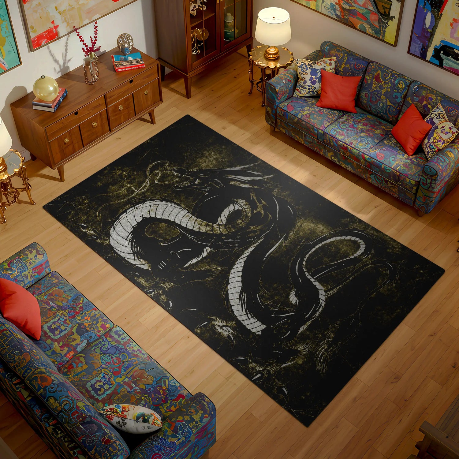 Living room with a large black rug featuring a white dragon design, colorful couches, and wooden furniture.