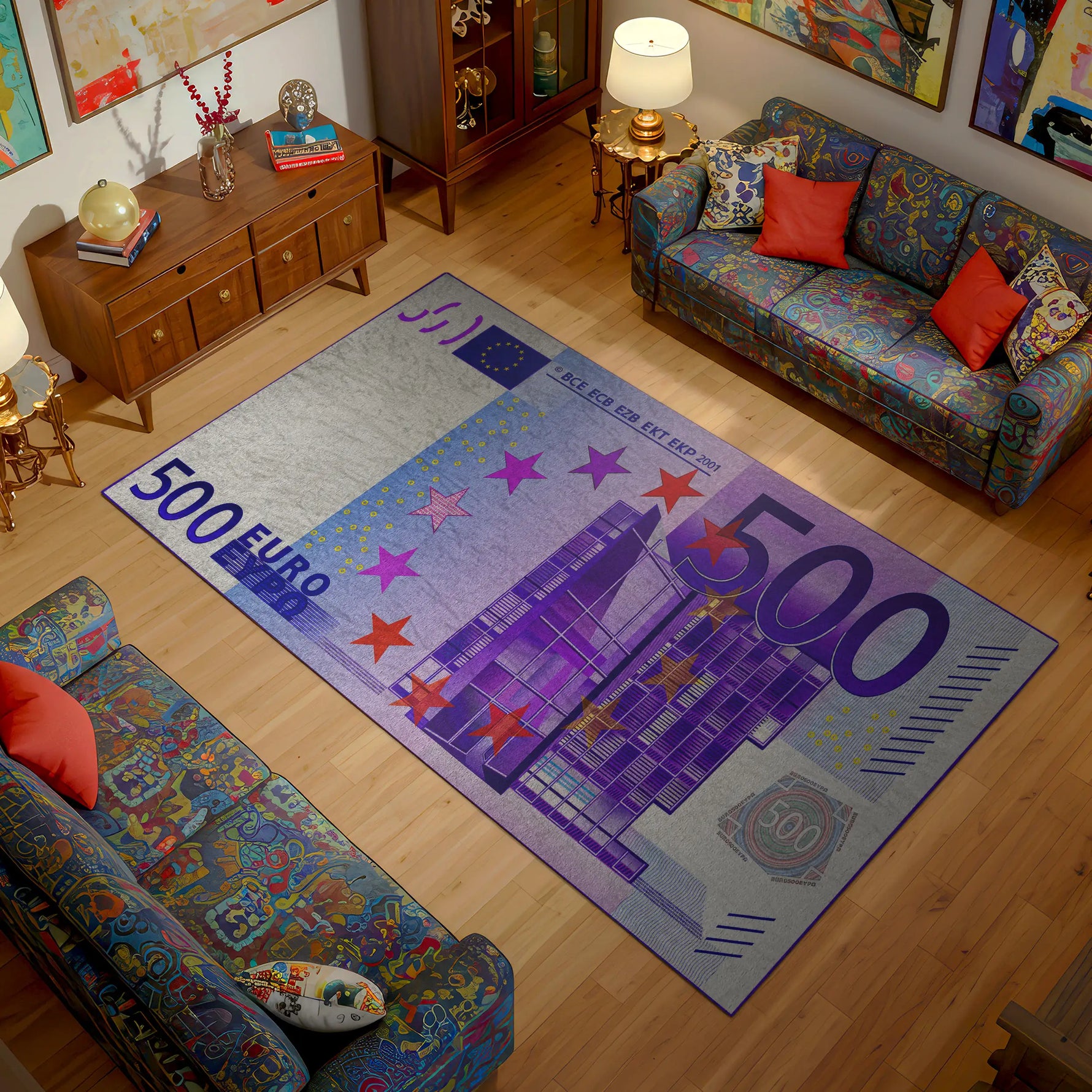 Living room with a colorful rug featuring a banknote design on a wooden floor.

