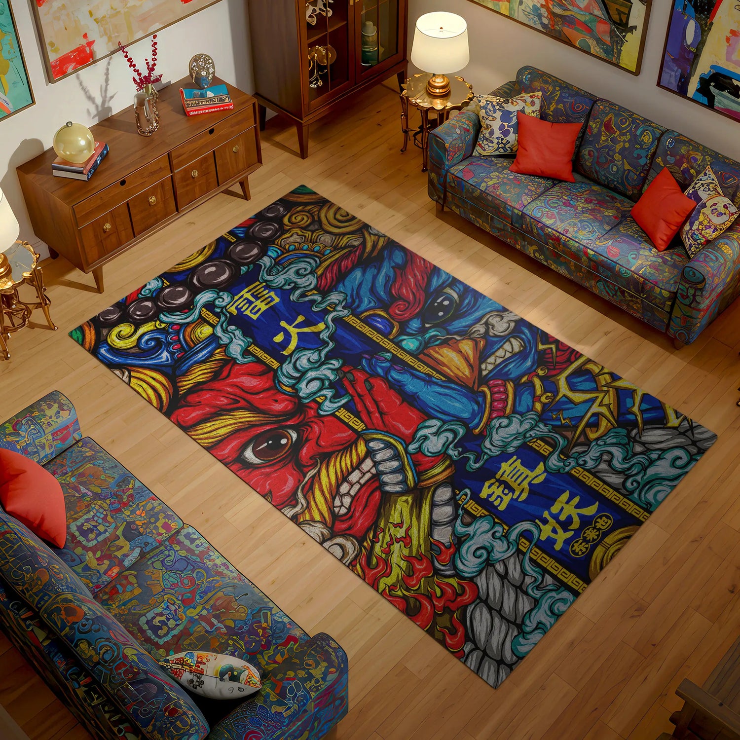 Samurai Warrior Rug – Colorful Japanese Mythology Art Carpet