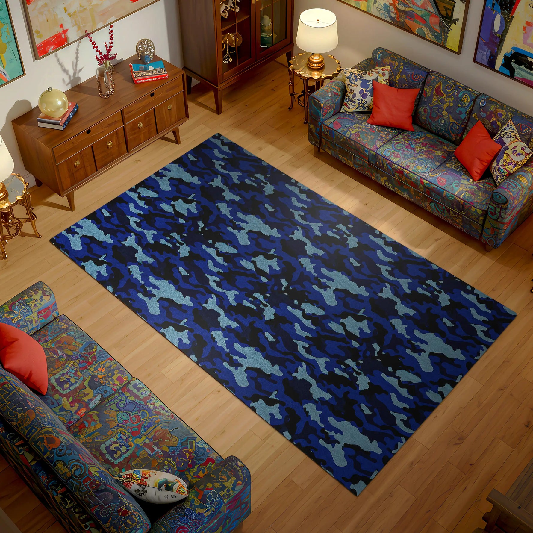 Machine-washable blue camo area rug for gaming room decor