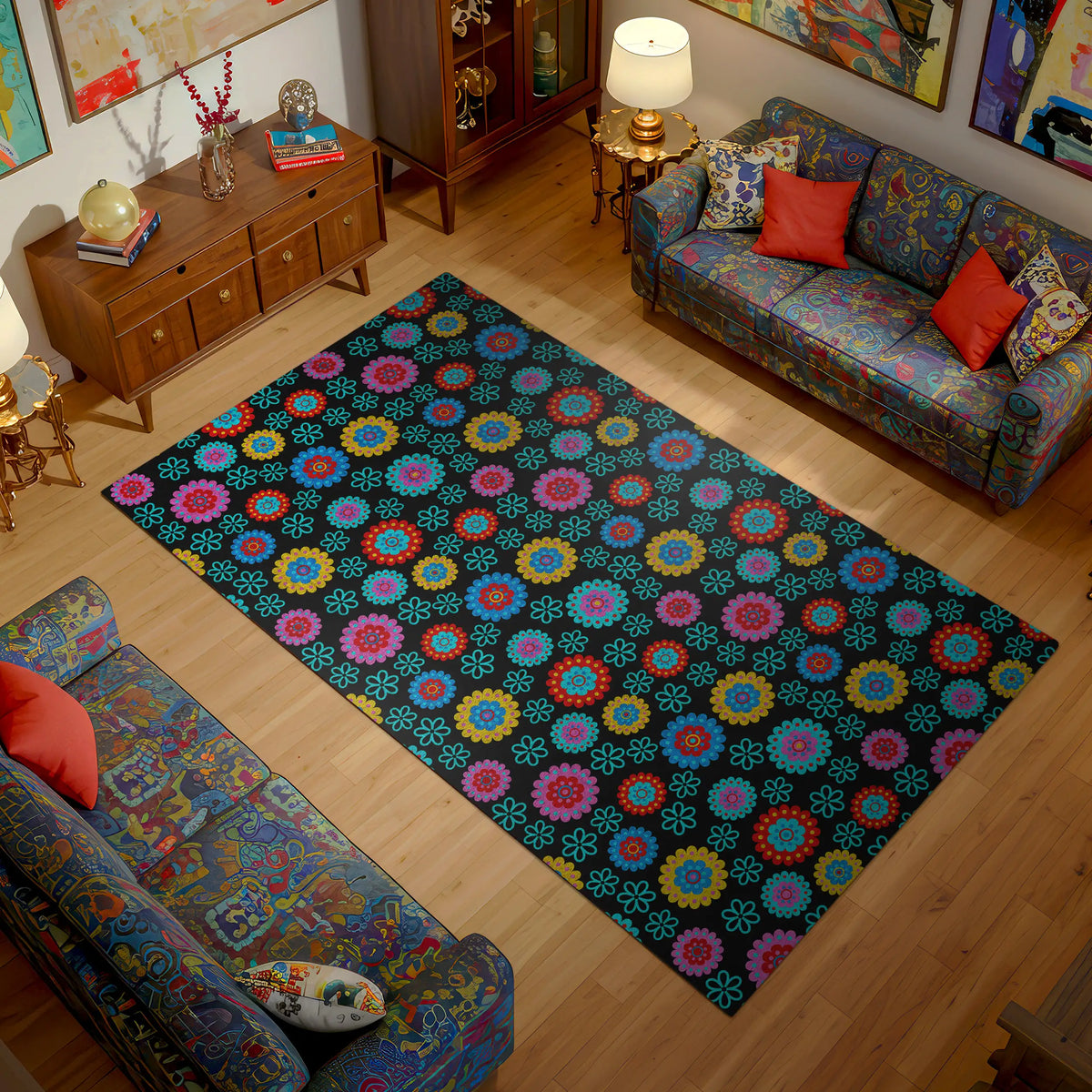 Living room with a colorful floral rug on wooden floors, patterned couches, and decorative items.