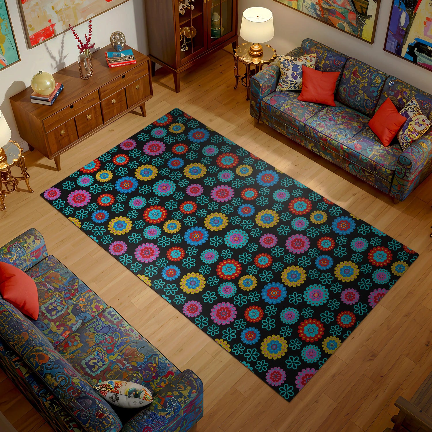 Living room with a colorful floral rug on wooden floors, patterned couches, and decorative items.