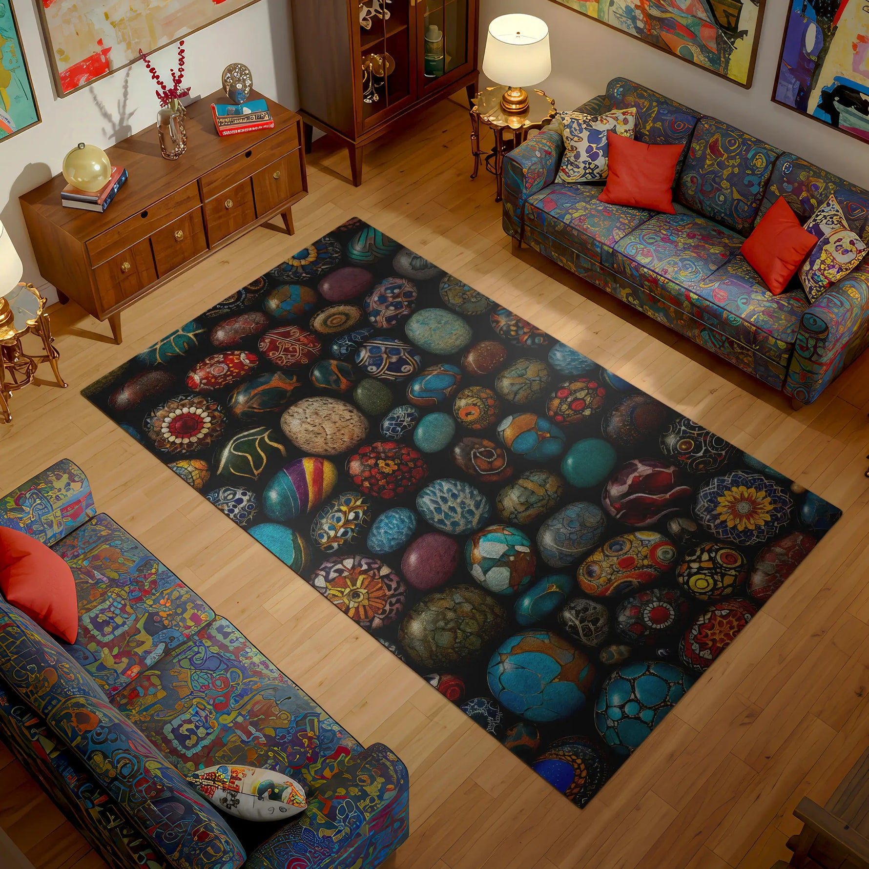 Living room with a colorful rug and patterned sofa