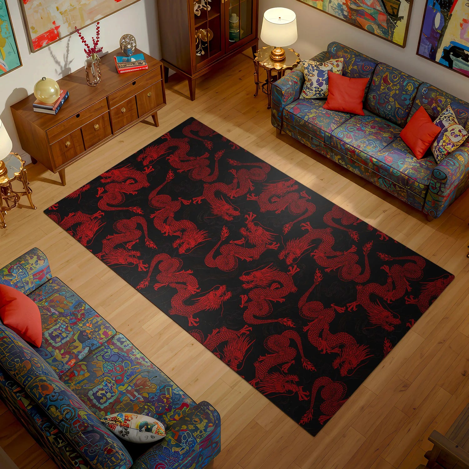 Red Dragon Pattern Rug – Asian Aesthetic Mythical Design Carpet