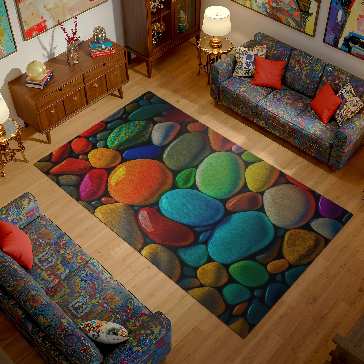 Vibrant Polished Pebble Rug – Colorful Stone Pattern