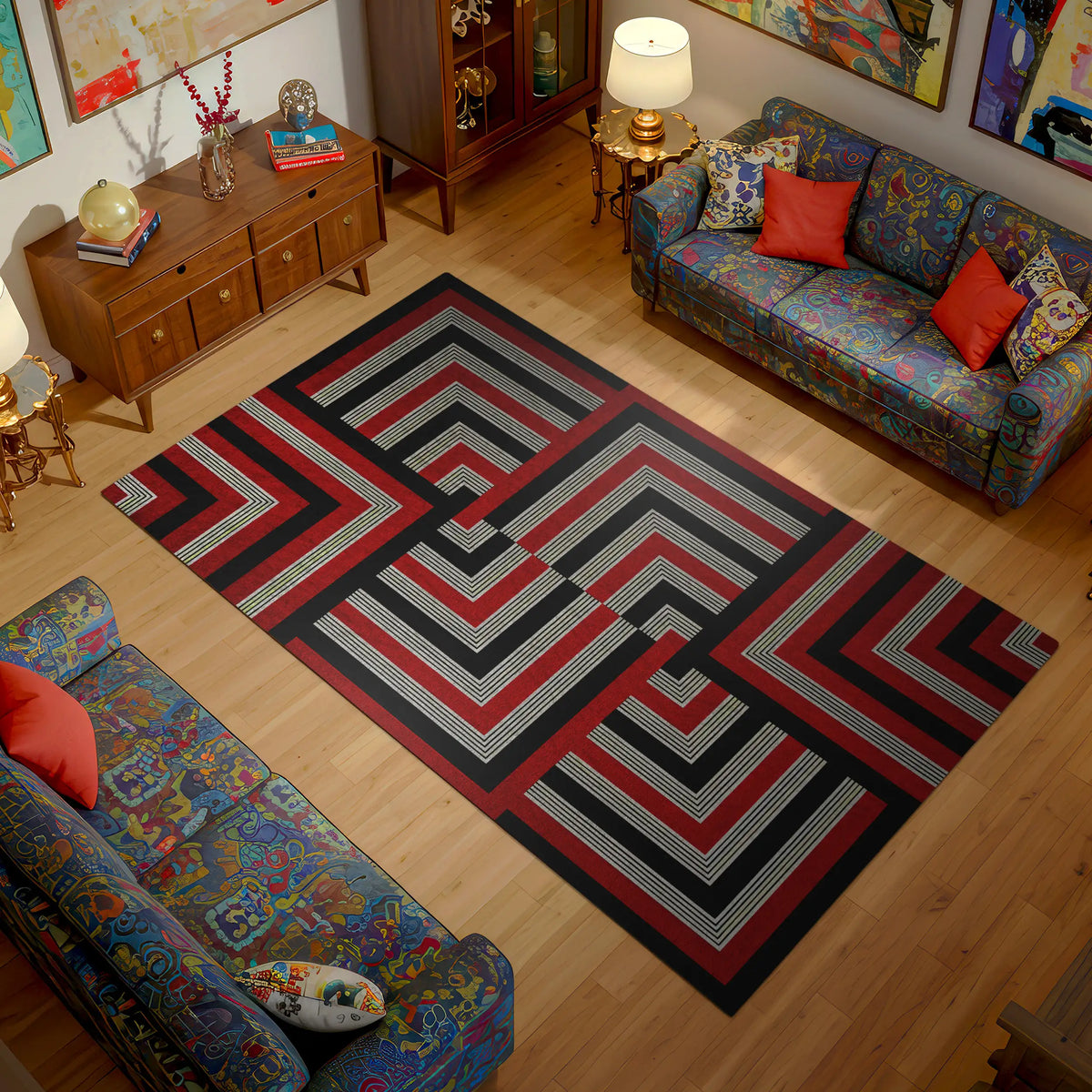 Living room with a geometric patterned rug, colorful couches, and wooden furniture.


