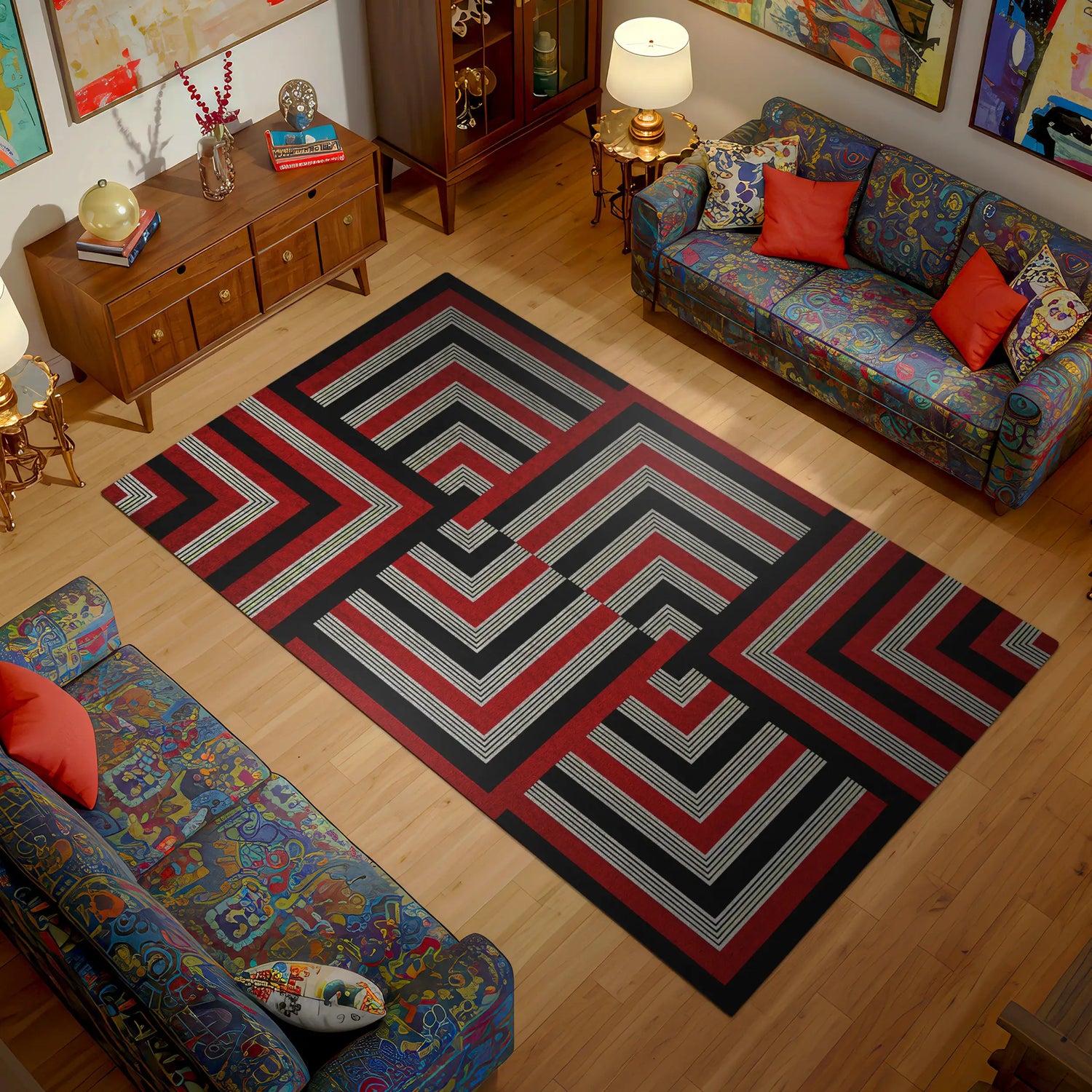 Living room with a geometric patterned rug, colorful couches, and wooden furniture.

