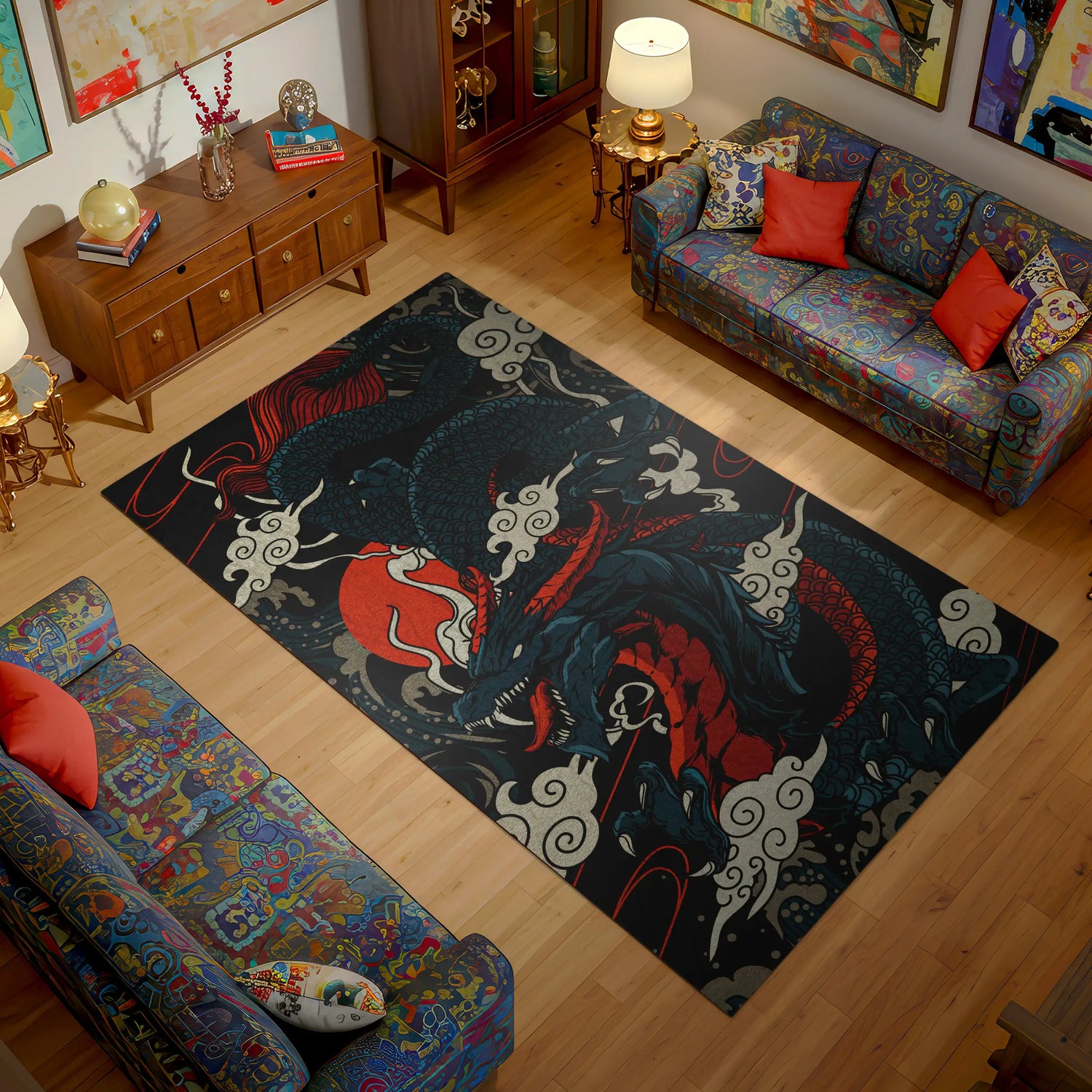 Living room with a dragon rug on a wooden floor, colorful couches, and decorative items.