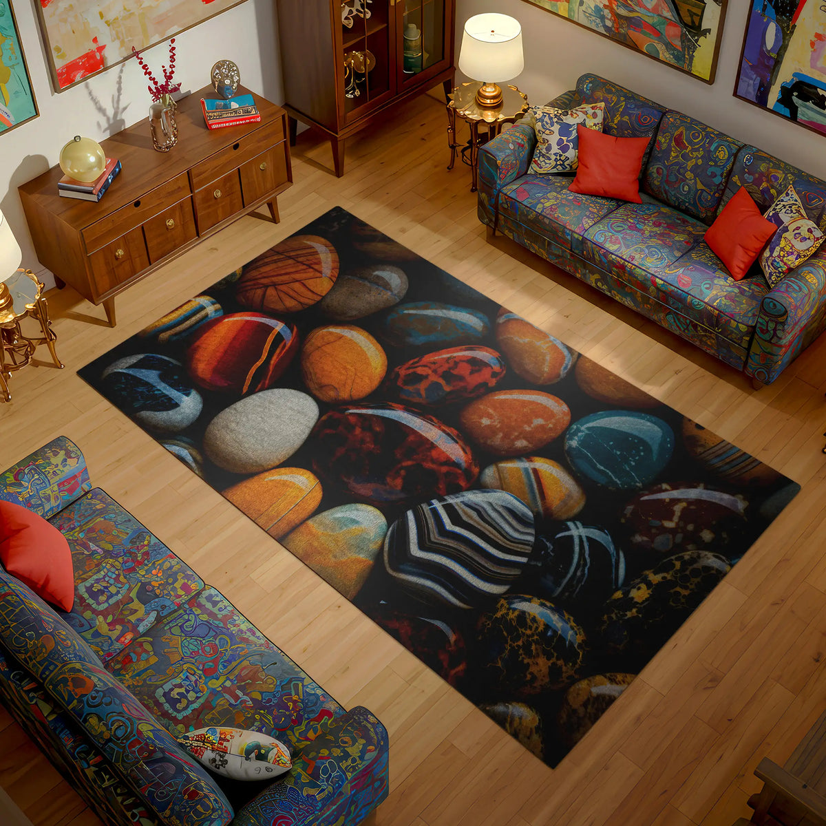 Living room with a colorful rug featuring stones, patterned couches, and decorative items.