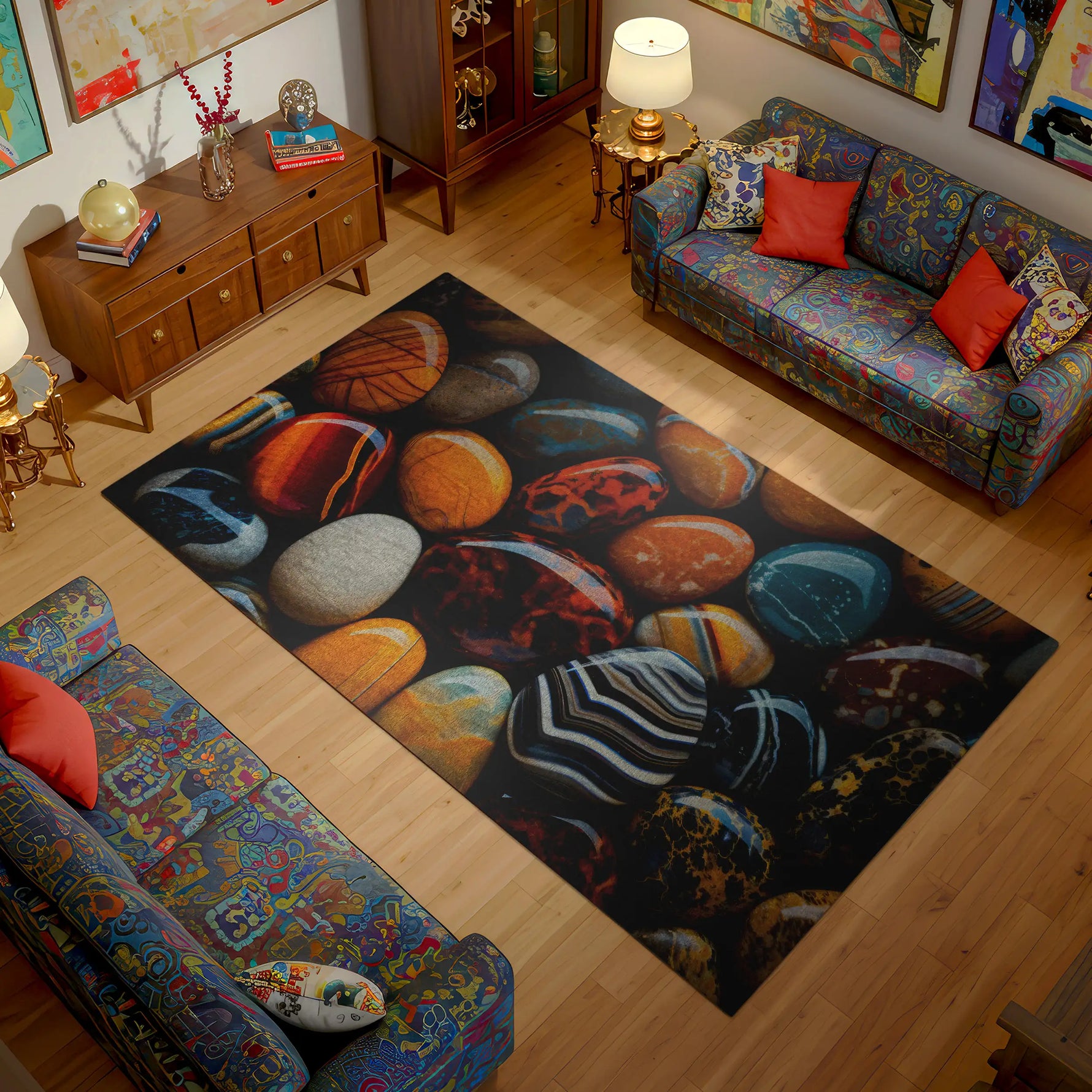 Living room with a colorful rug featuring stones, patterned couches, and decorative items.