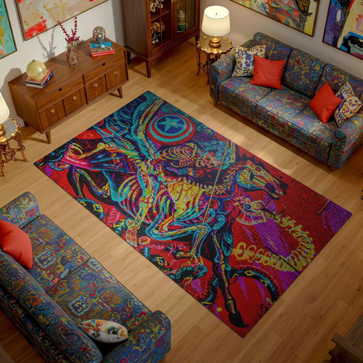 Living room with a colorful rug featuring a horse design, surrounded by patterned furniture.