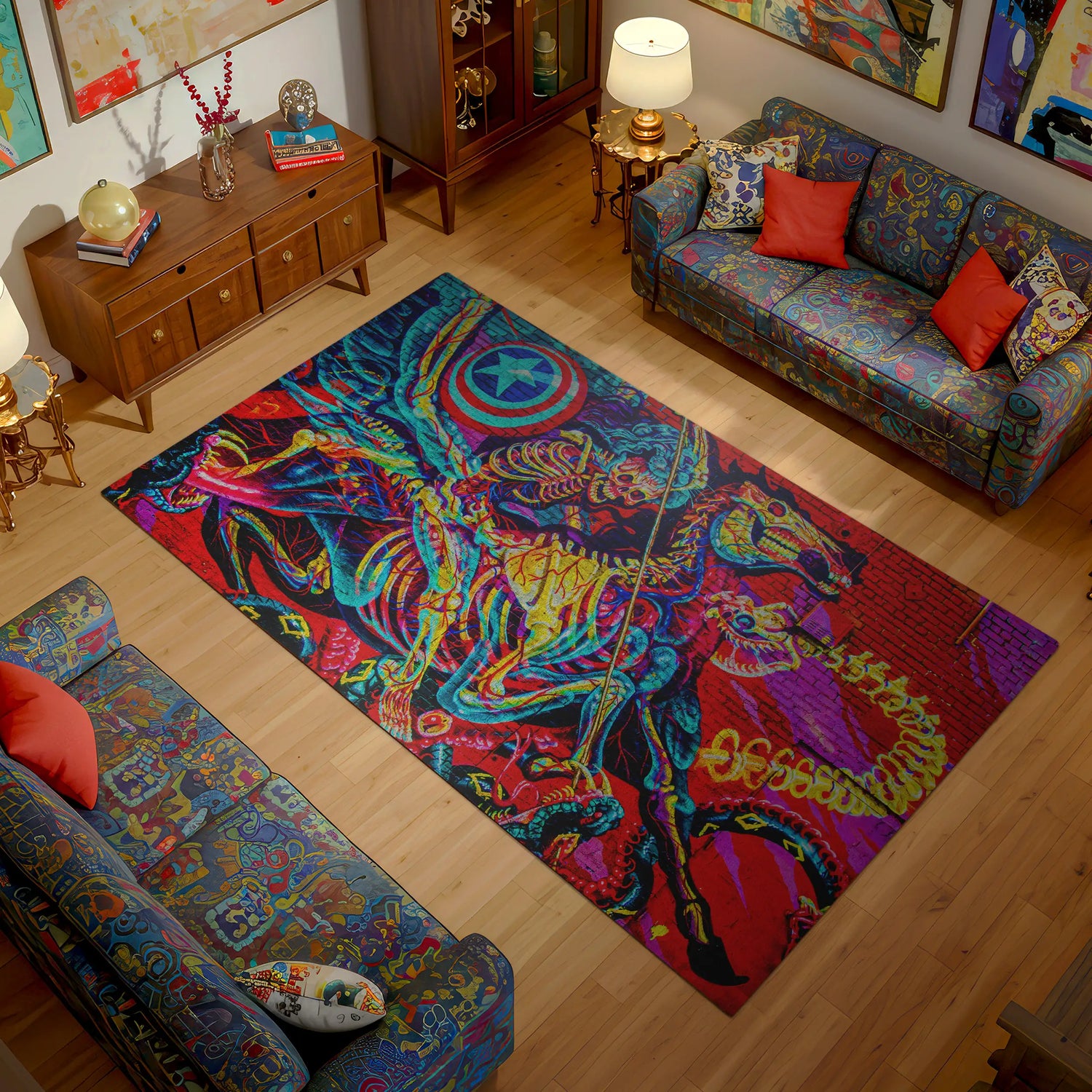 Living room with a colorful rug featuring a horse design, surrounded by patterned furniture.