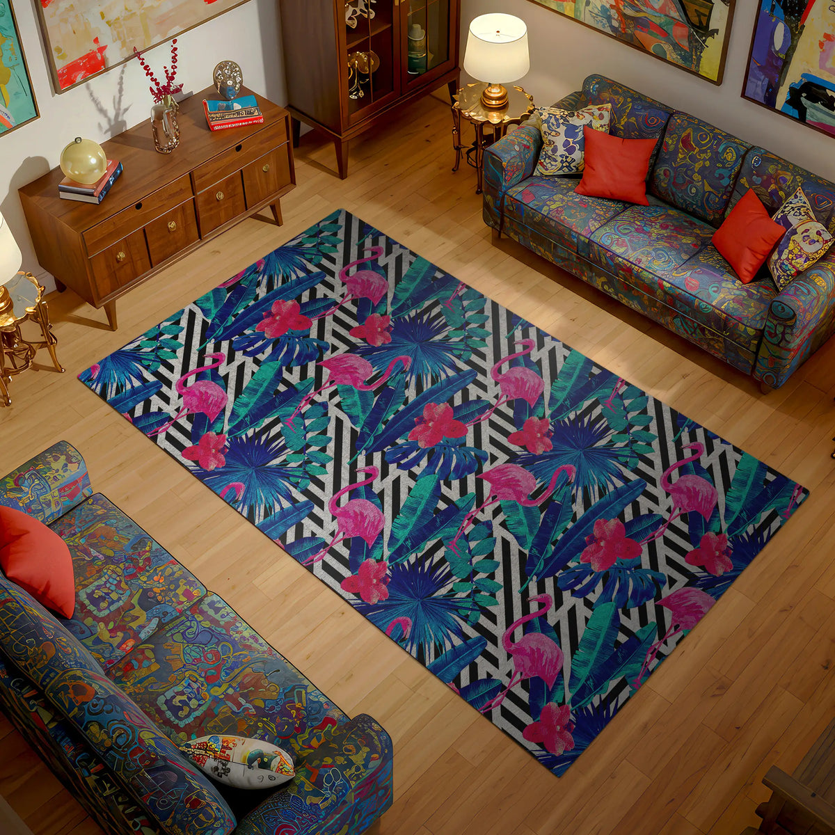 Living room with colorful floral rug and patterned sofa