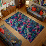 Living room with colorful floral rug and patterned sofa