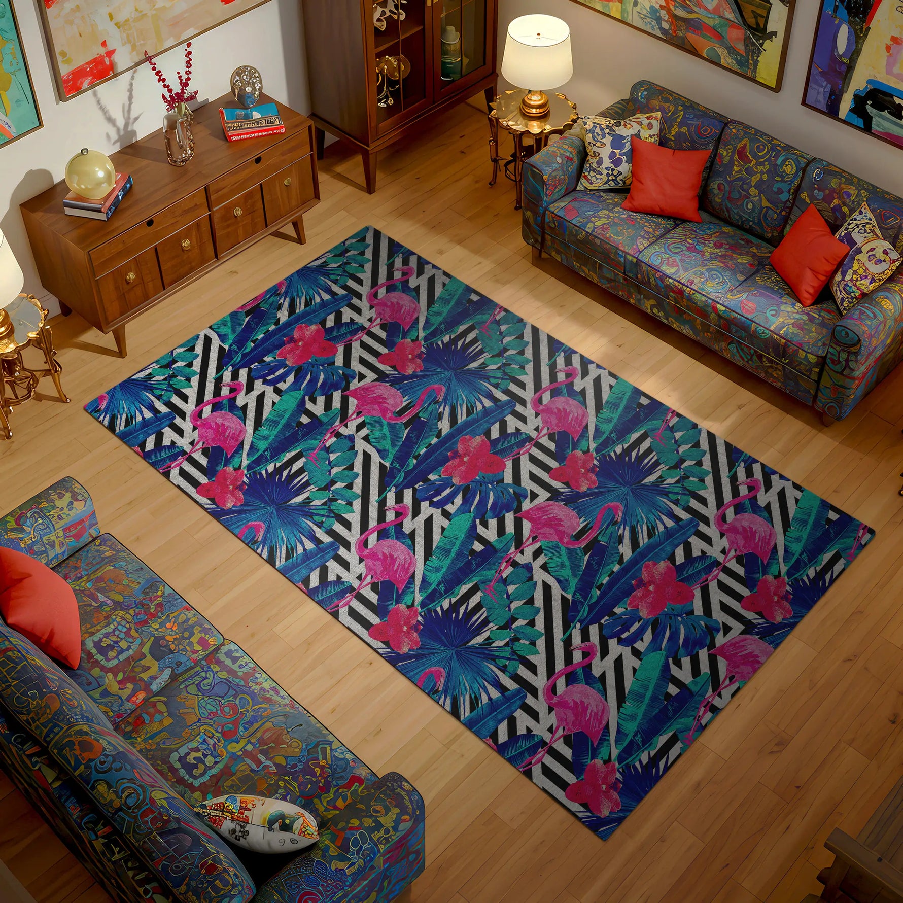 Living room with colorful floral rug and patterned sofa