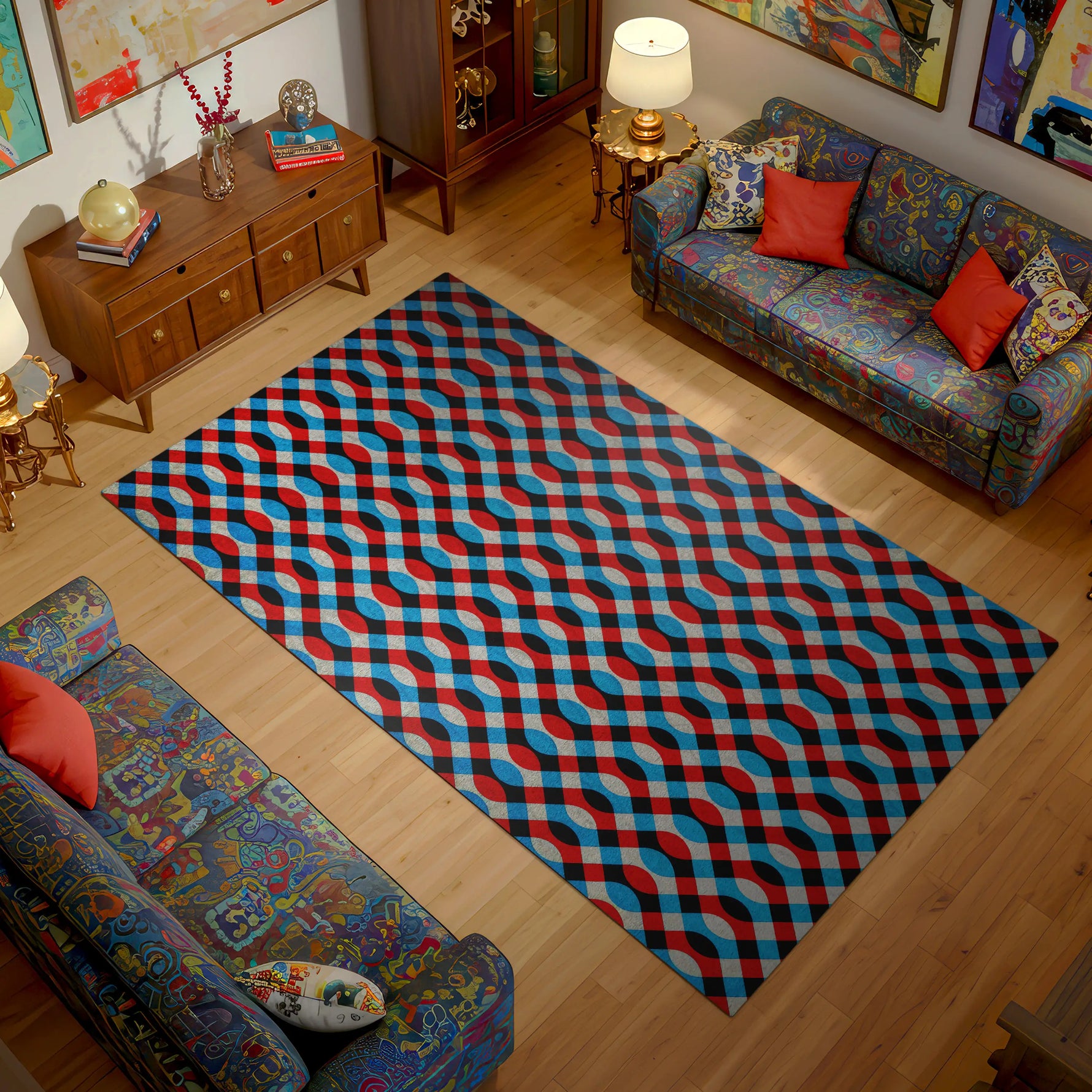 Living room with a colorful patterned rug on wooden floor, surrounded by patterned furniture.