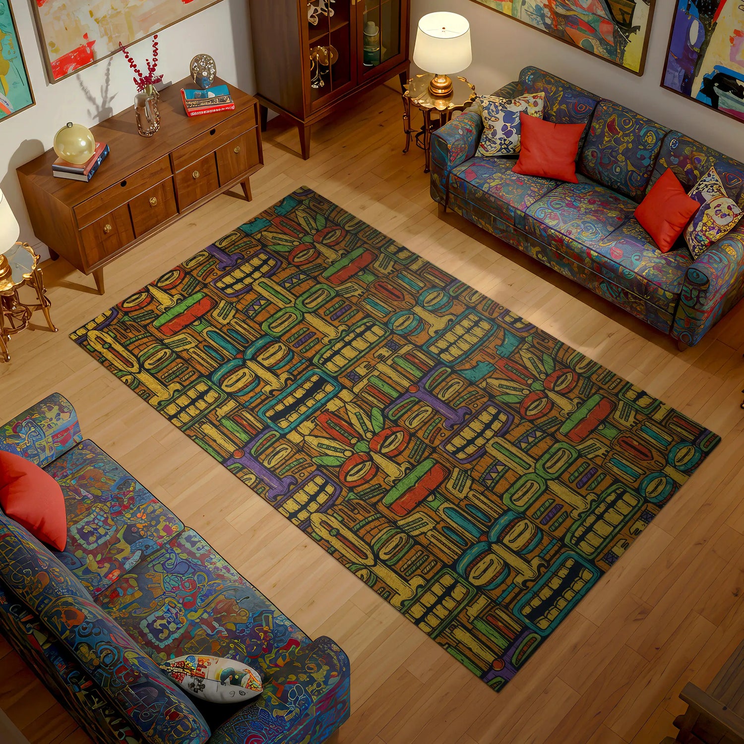 Bold Colorful Abstract Pattern Rug – Retro Tribal Geometric