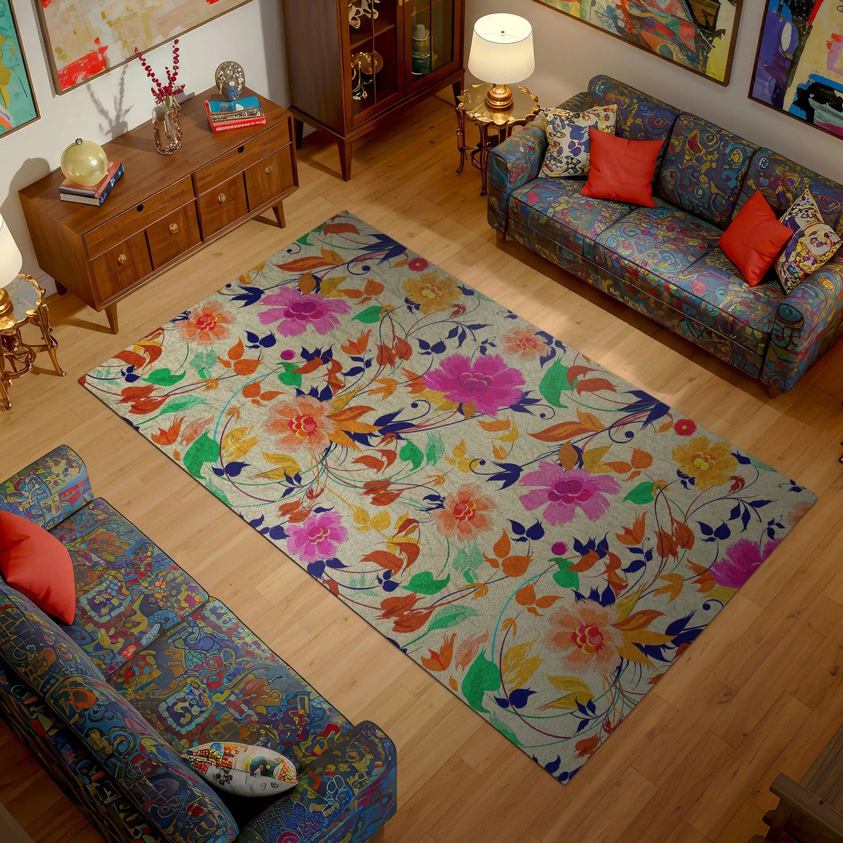 Living room with floral rug, colorful couches, and decorative items.