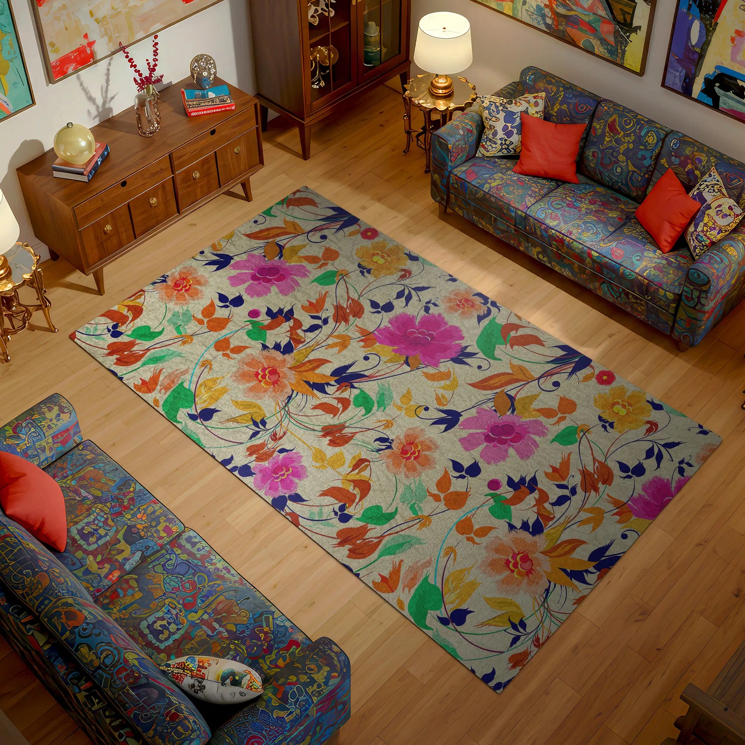 Living room with floral rug, colorful couches, and decorative items.