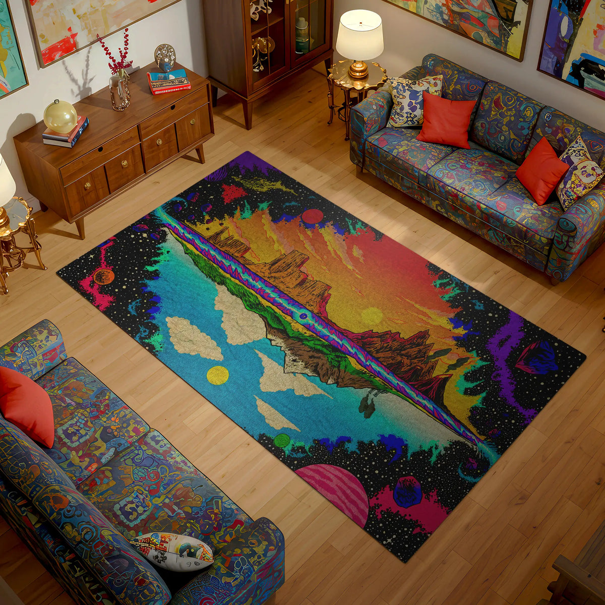 Living room with a colorful rug featuring space-themed design, patterned couches, and wooden furniture.