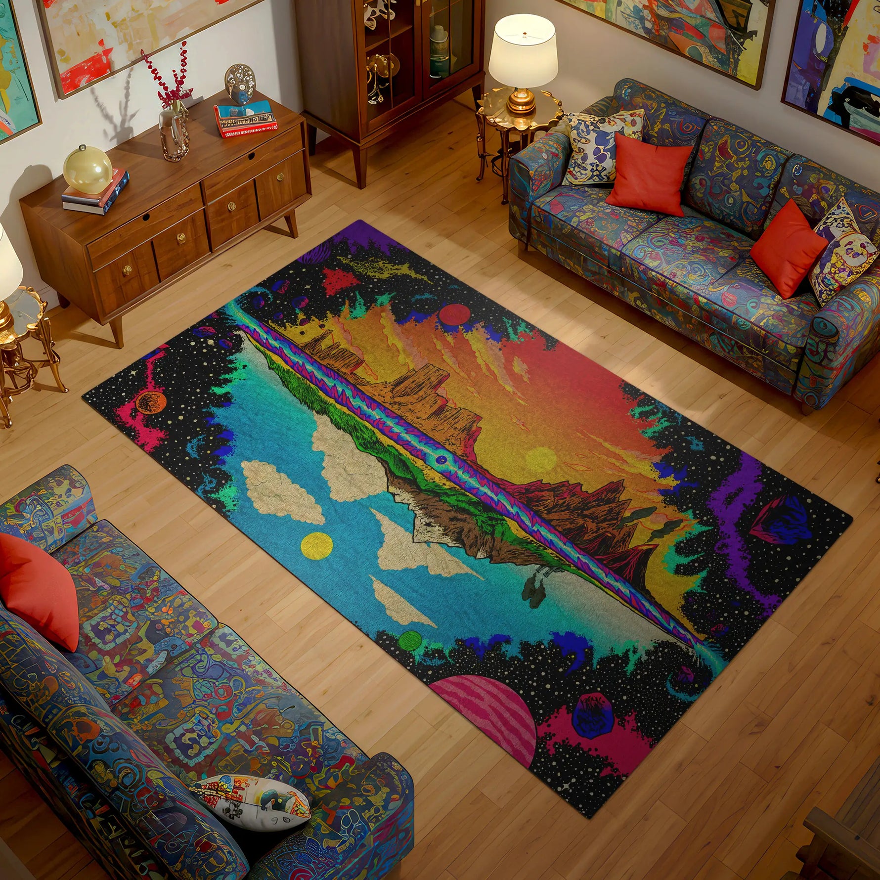 Living room with a colorful rug featuring space-themed design, patterned couches, and wooden furniture.
