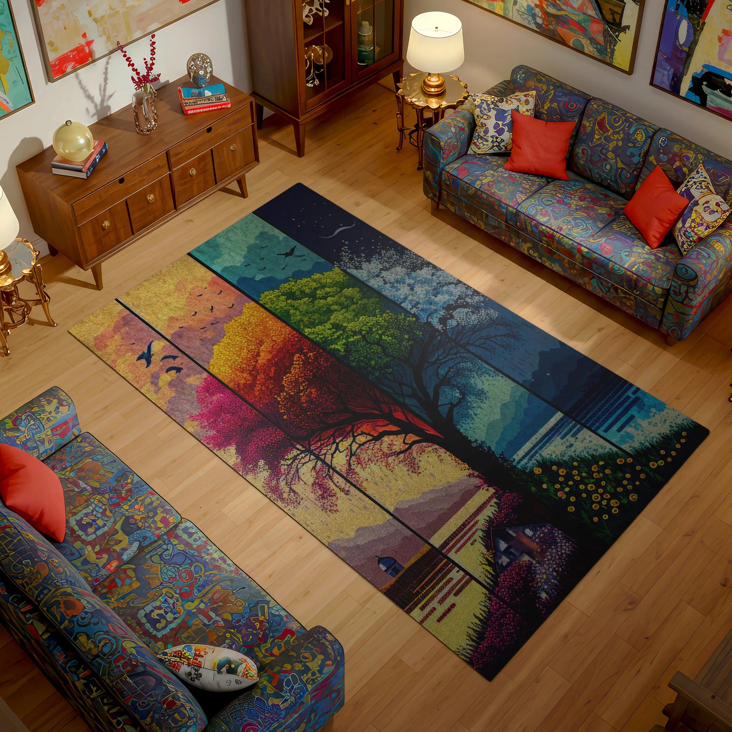 Four Seasons Landscape Art Rug – Colorful Scenic Area Rug