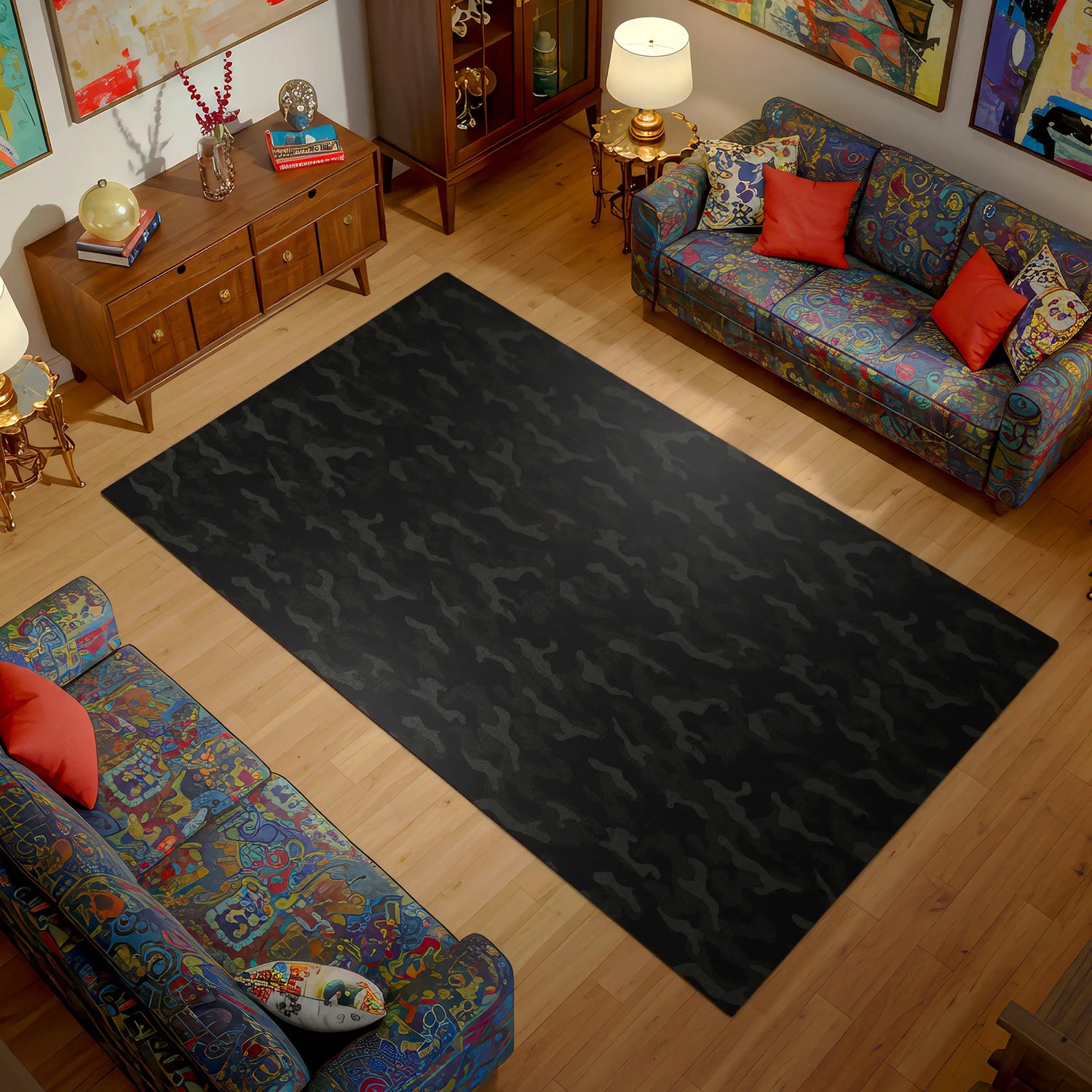 Machine-washable camouflage area carpet for home decor