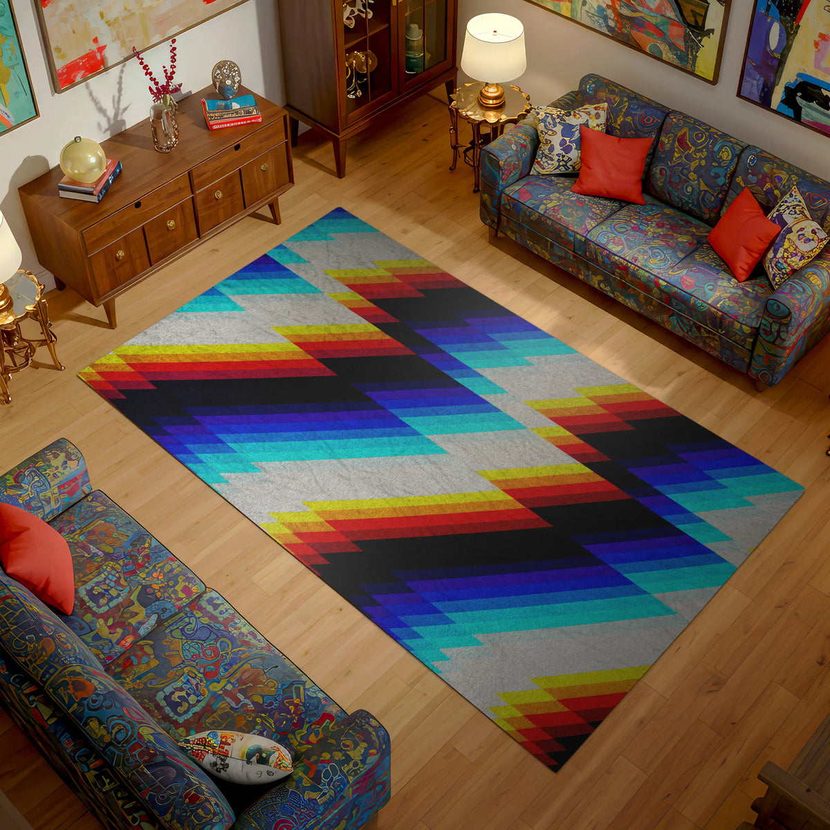 Living room with a colorful geometric rug on wooden flooring