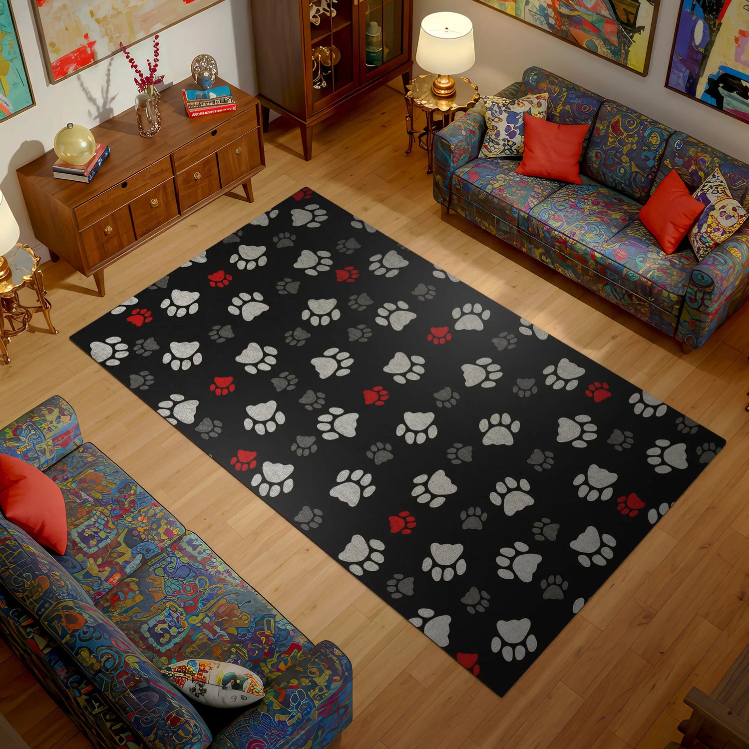 Living room with a black rug featuring paw prints and colorful furniture.
