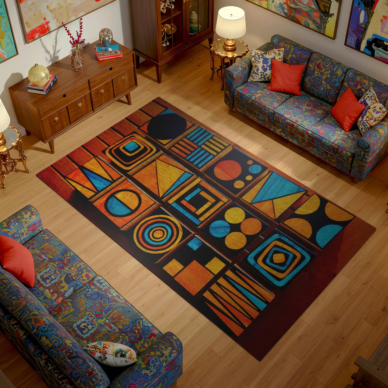 Living room with a geometric patterned rug, colorful couches, and decorative items.

