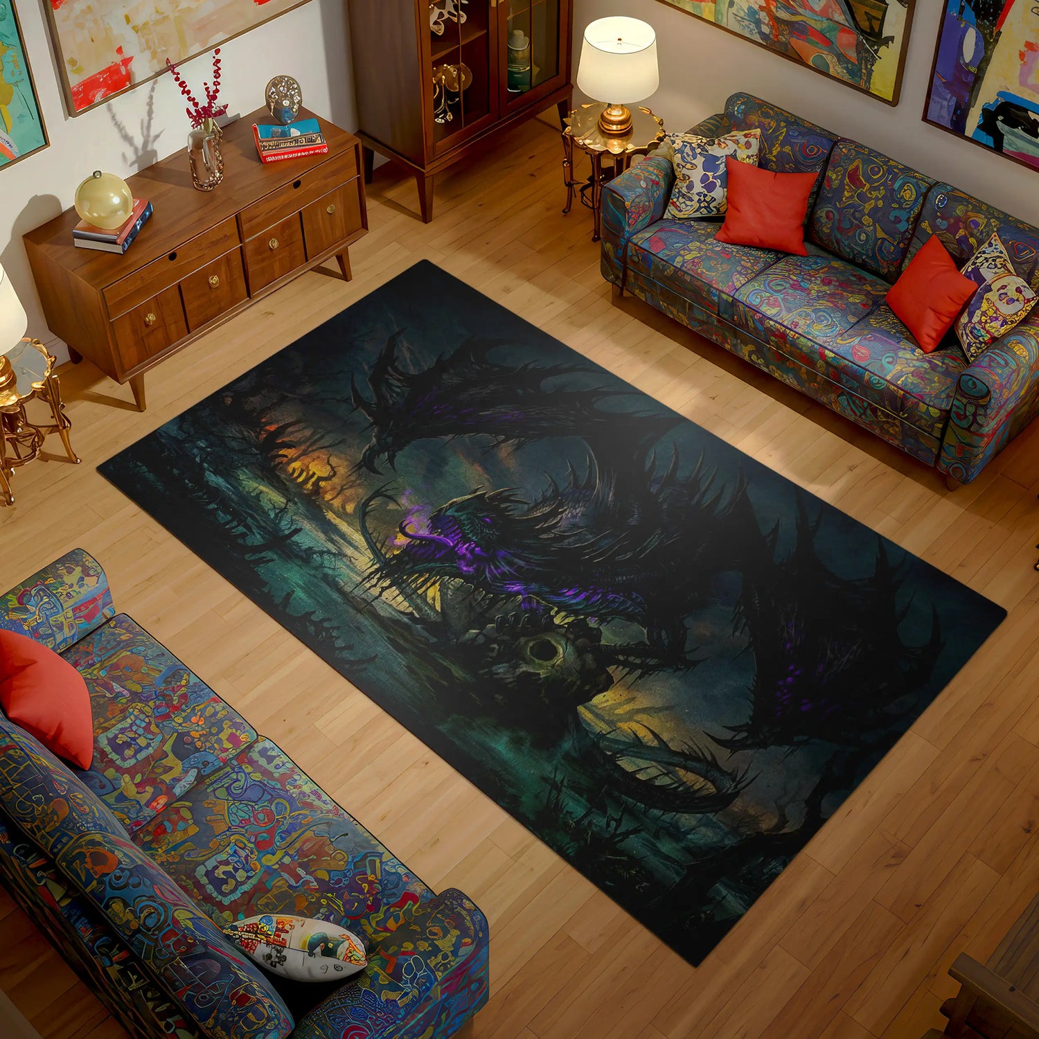 Shadow Inferno Dragon Rug – Dark Fantasy Gothic Art Carpet