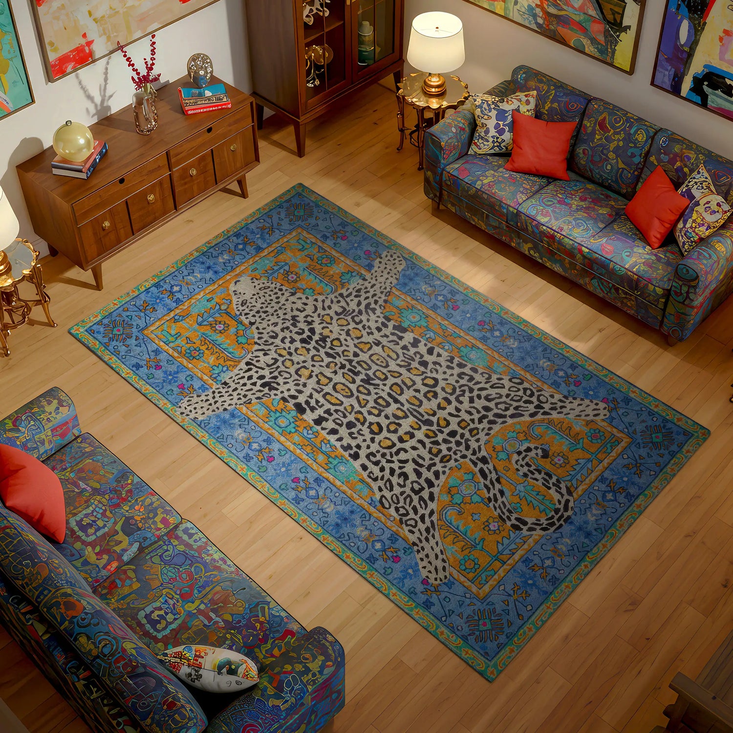 Living room with a decorative rug featuring a leopard design on a wooden floor.