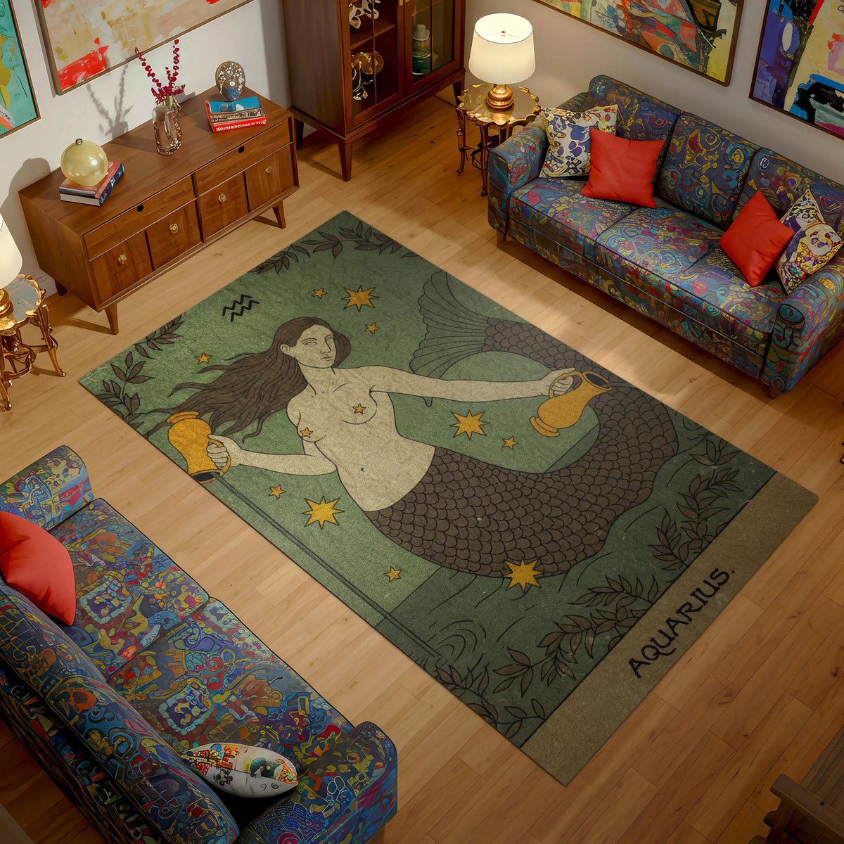 Living room with a mermaid-themed rug labeled 'Aquarius' on a wooden floor.