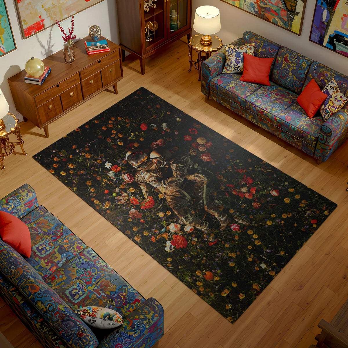 Living room with floral-patterned rug, colorful couches, and decorative items.