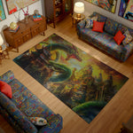 Living room with a large dragon rug on a wooden floor, surrounded by colorful furniture.