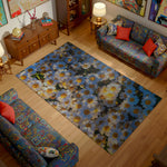 Living room with floral rug and patterned sofa