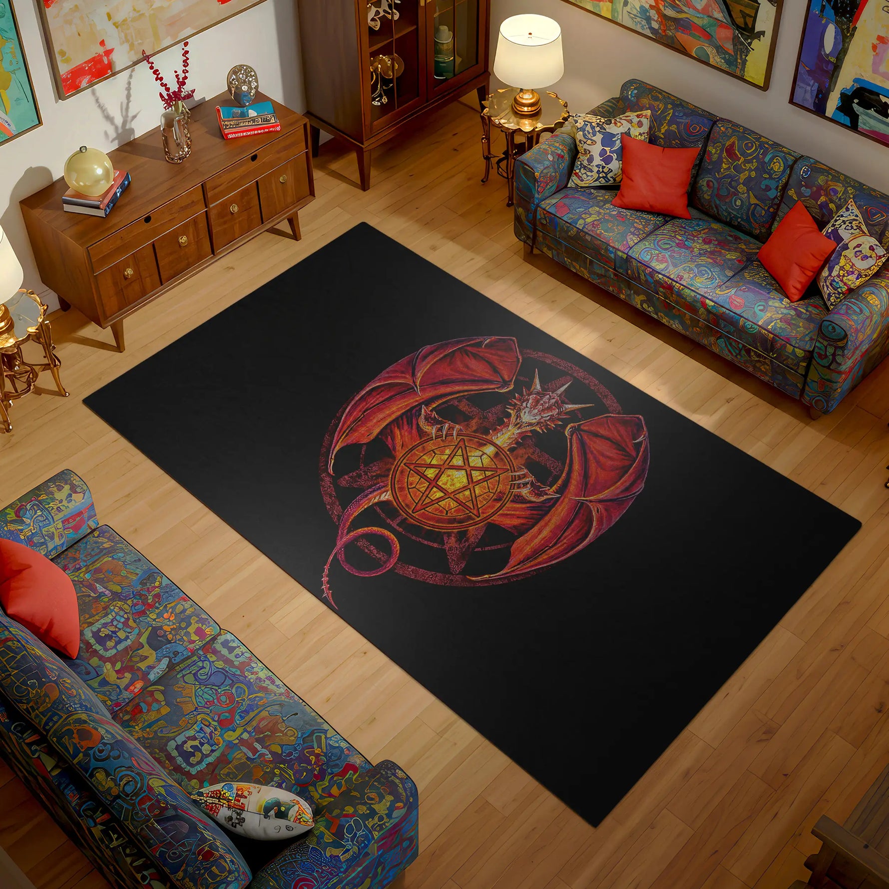 Living room with a large black rug featuring a colorful design in the center