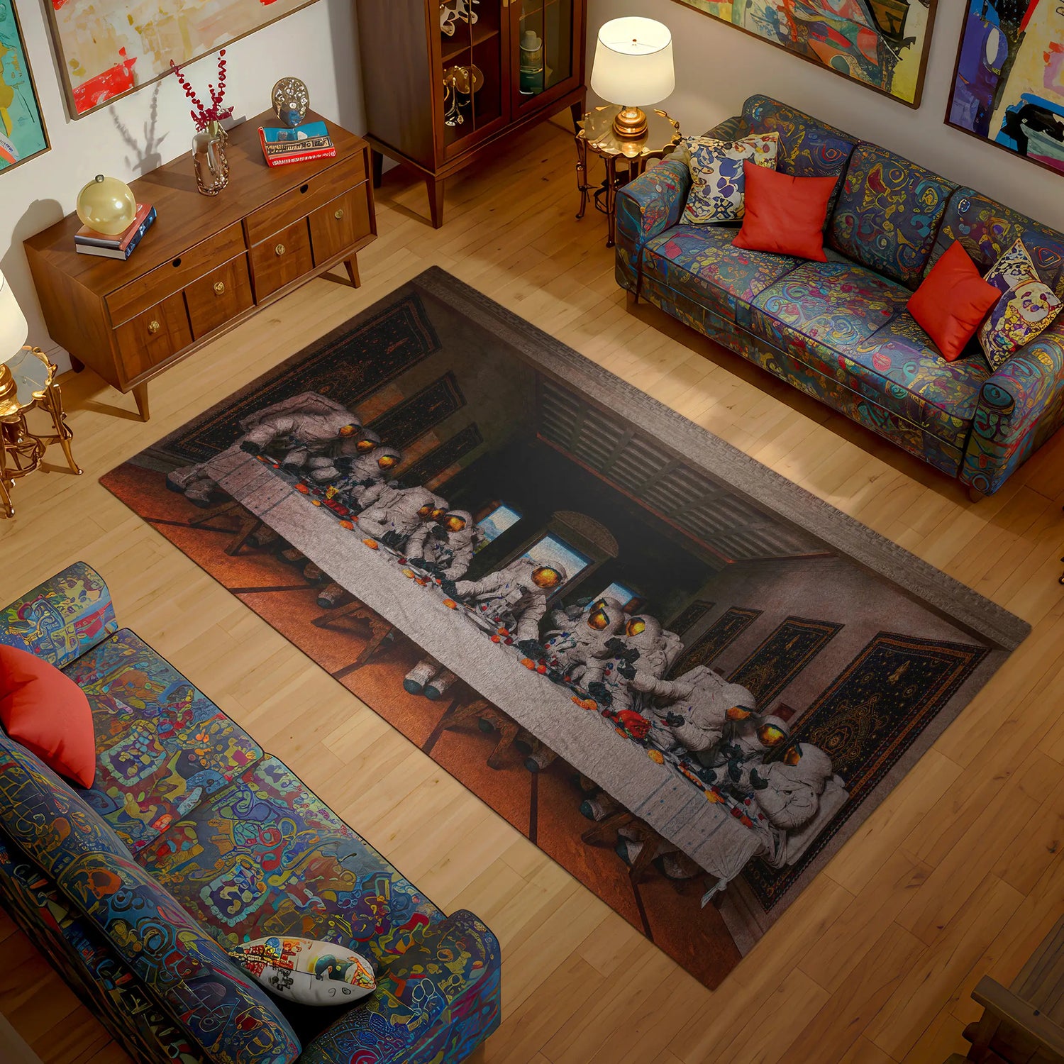 Living room with patterned rug featuring a family scene, colorful couches, and wooden furniture.