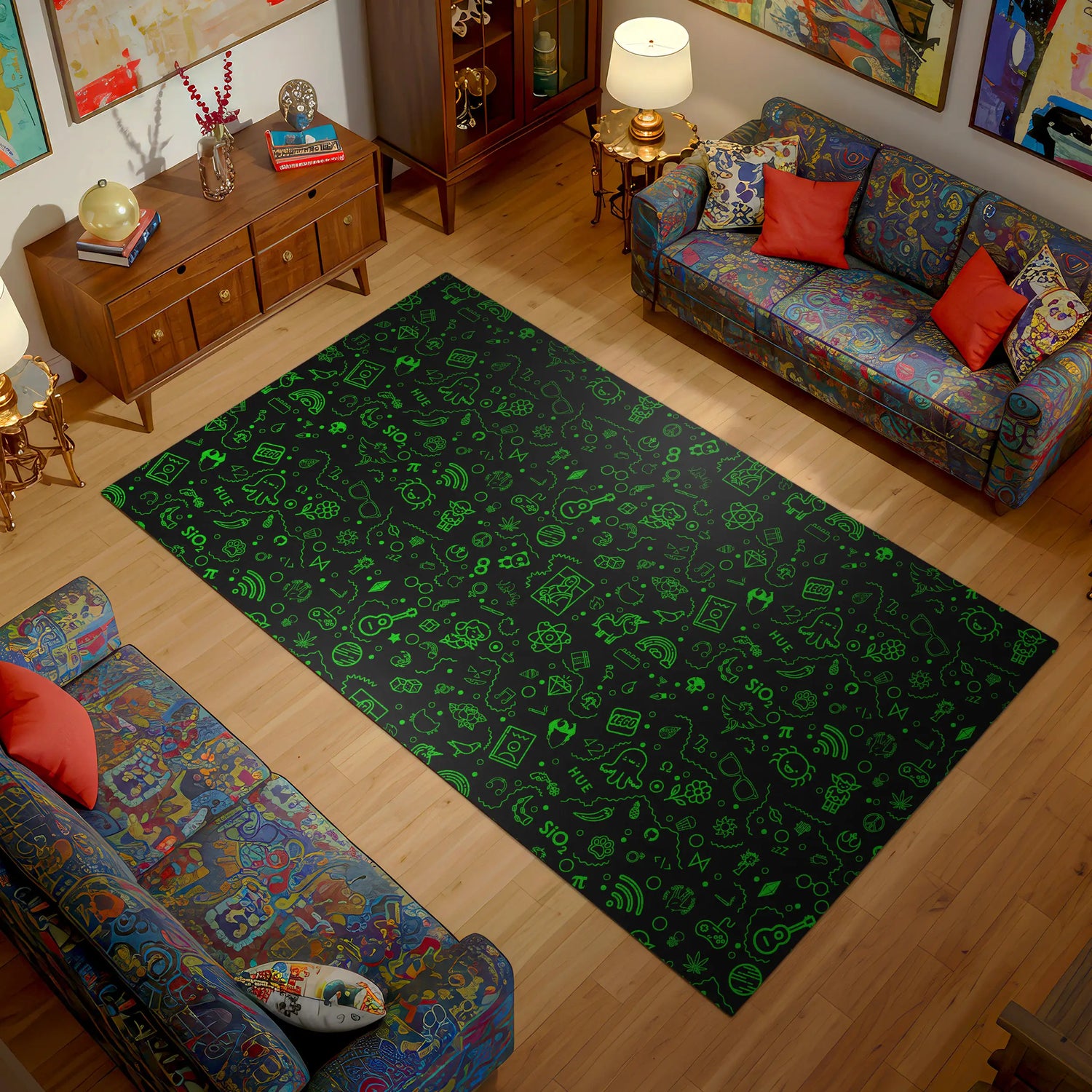 Living room with a green patterned rug on wooden flooring