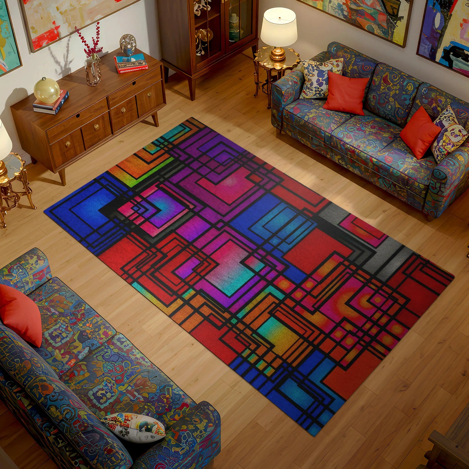 Living room with a colorful geometric rug on wooden flooring

