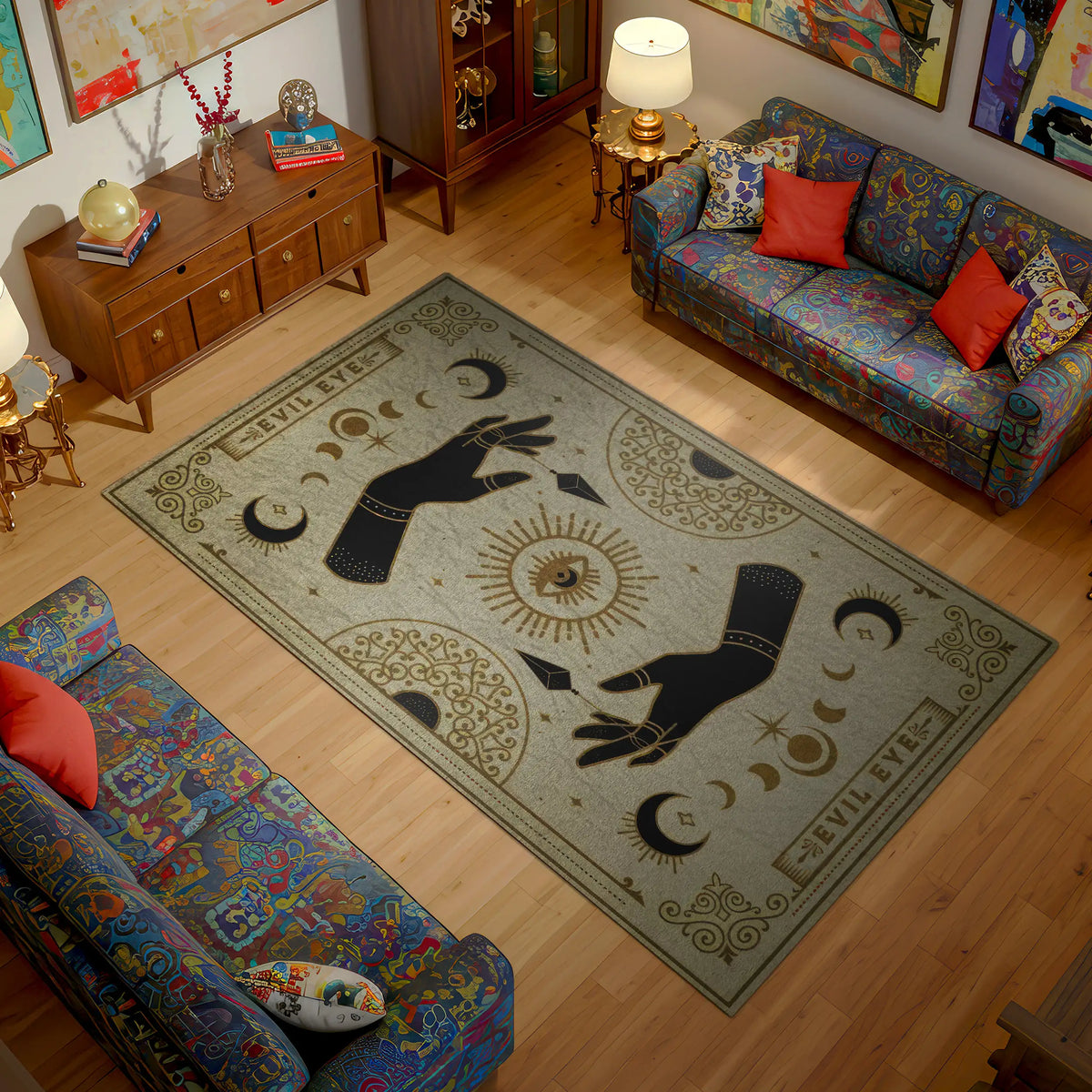 Living room with a decorative rug featuring witchcraft symbols and two patterned couches.