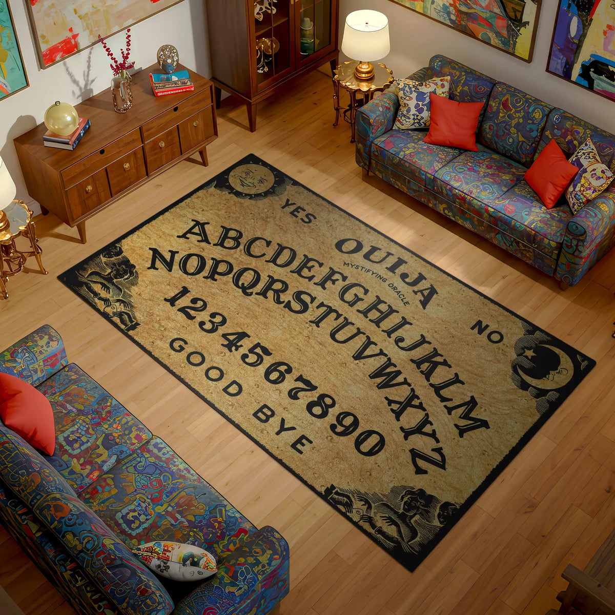 Living room with a Ouija board rug on wooden floor