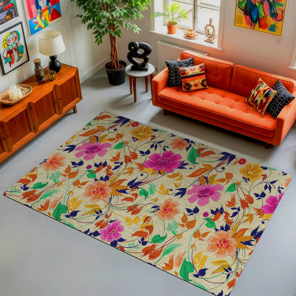 Living room with a colorful floral rug, orange sofa, and decorative items.