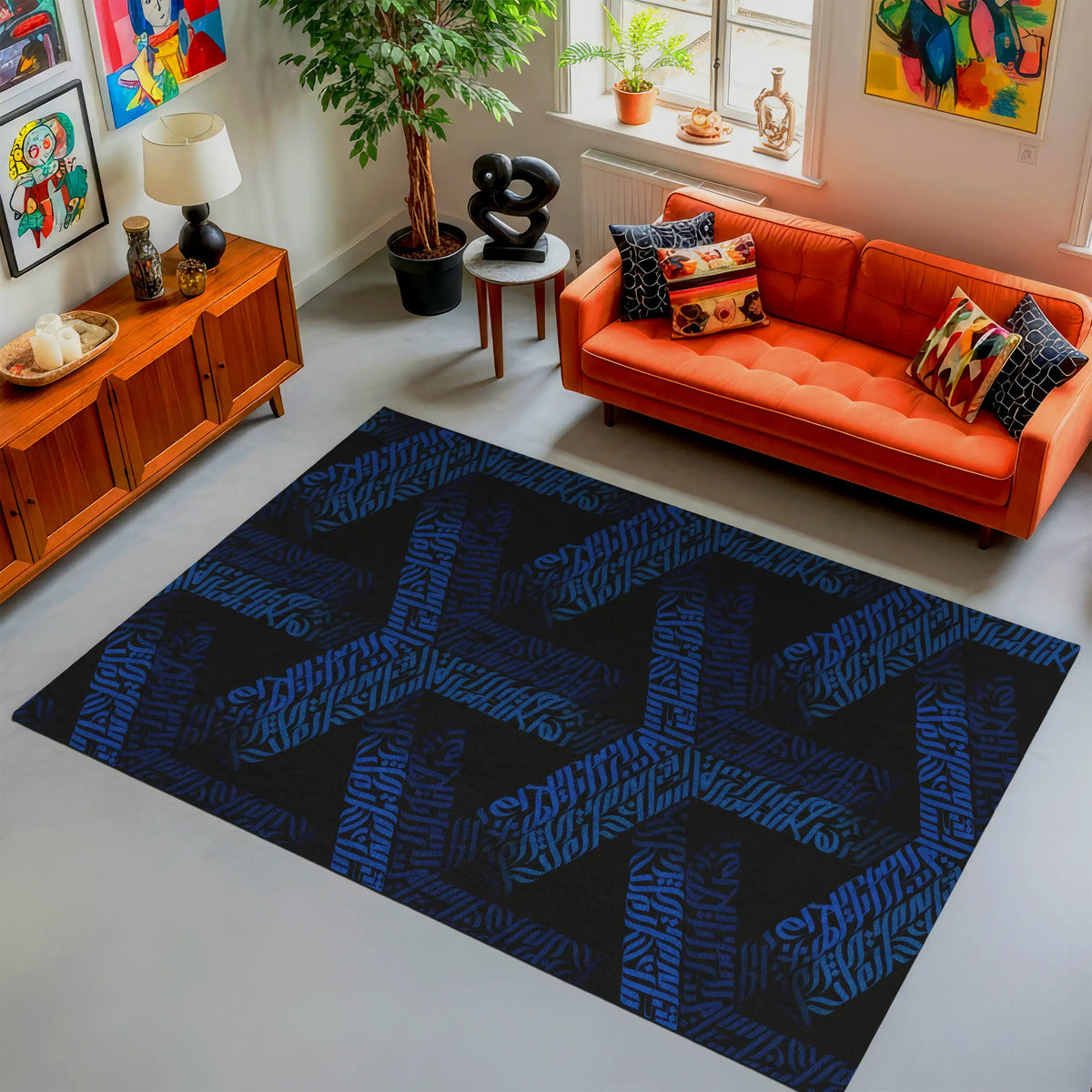 Modern blue geometric graffiti rug on black background