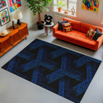 Modern blue geometric graffiti rug on black background