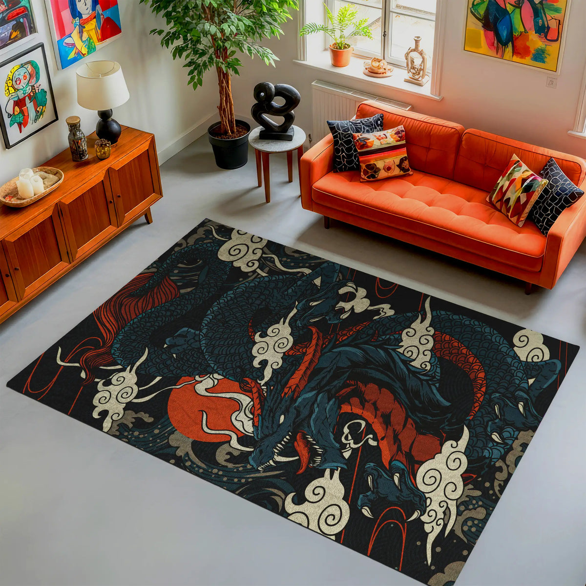 Living room with an orange sofa, decorative rug, and colorful artwork.