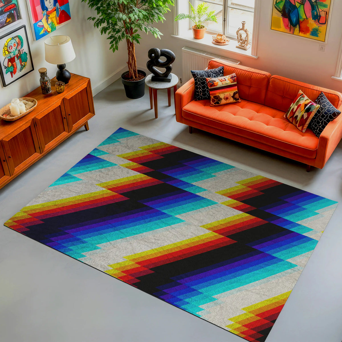 Living room with a colorful geometric rug, orange sofa, and decorative items.